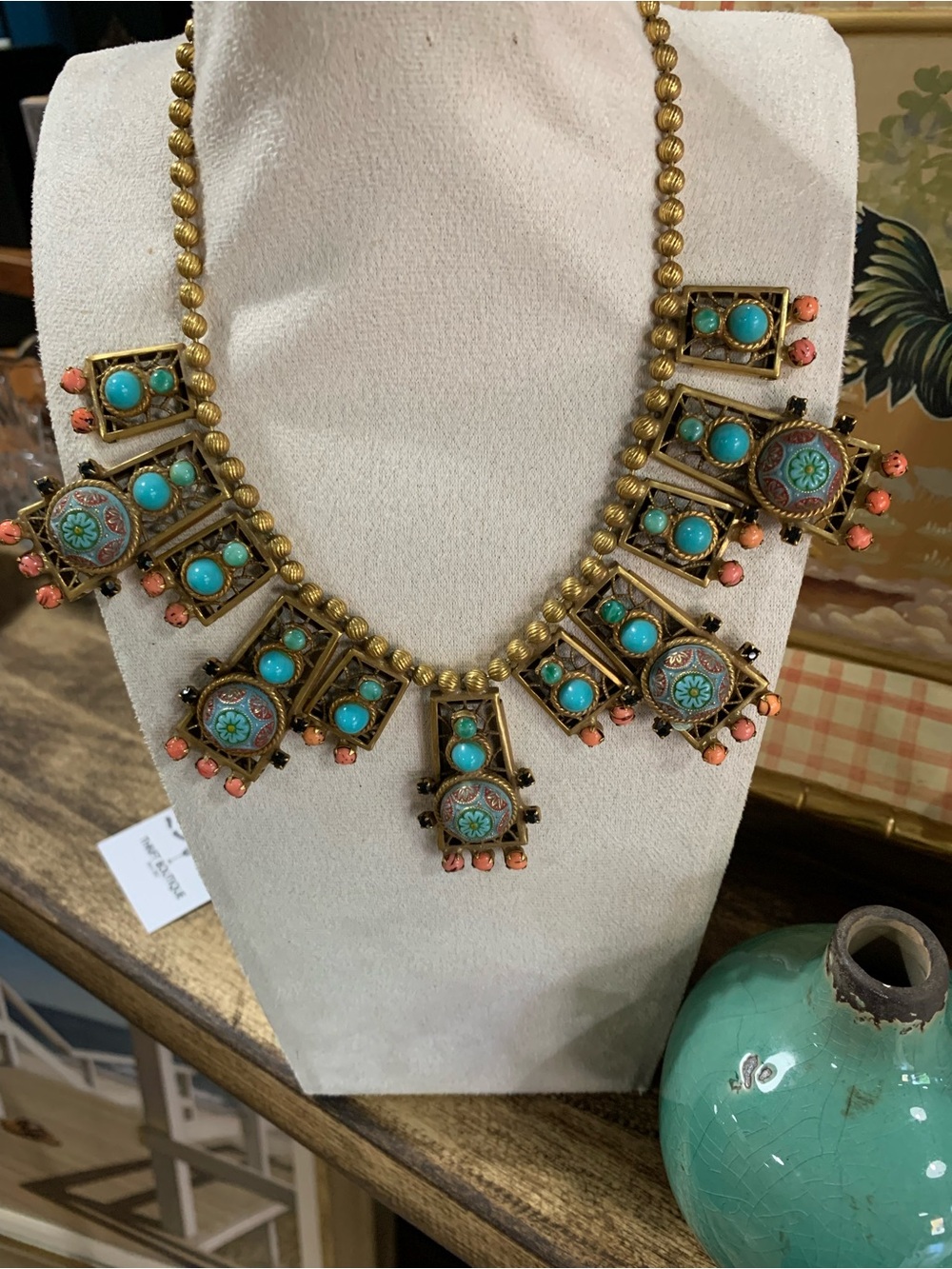 Gold-Tone Turquoise and Coral Beaded Statement Necklace
